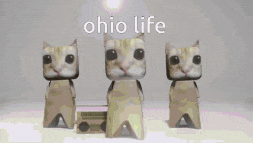 three cats are standing next to each other on a pink background with the words ohio life written above them .