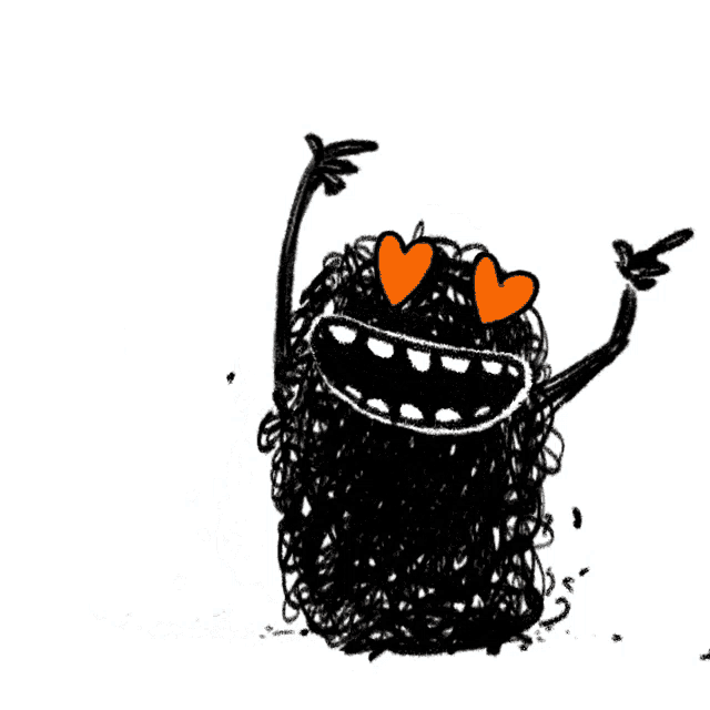 a cartoon drawing of a monster with hearts in his eyes and a big mouth .