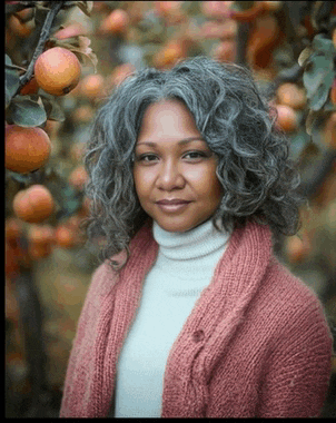 a woman with gray hair is wearing a pink sweater and white turtleneck