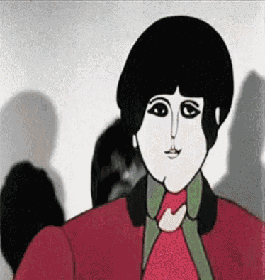 a cartoon character with a red jacket and green collar is standing in front of a group of people .