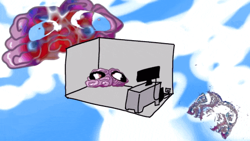 a cartoon drawing of a room with a desk and a computer