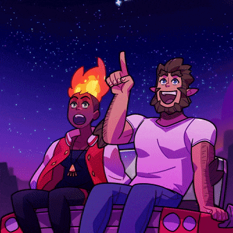 a cartoon of a man and a woman sitting on a car looking up at the stars