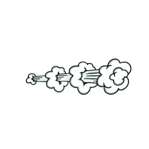 a cartoon drawing of a green leaf flying through the air with clouds coming out of it .