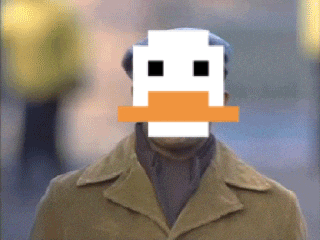 a man in a trench coat has a pixelated duck face on his face