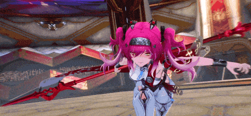 a girl with pink hair holds a red spear