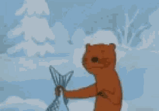 a cartoon bear is holding a large fish in its paws