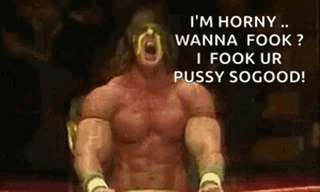a muscular wrestler is sitting in a boxing ring with his mouth open and yelling .