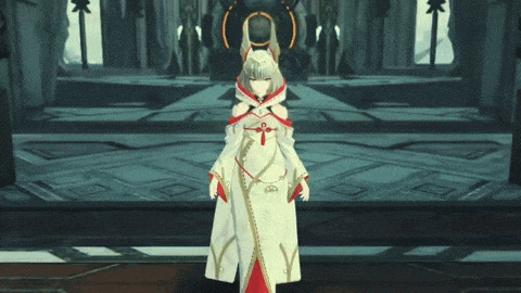 a girl in a white and red dress with horns is standing in a hallway