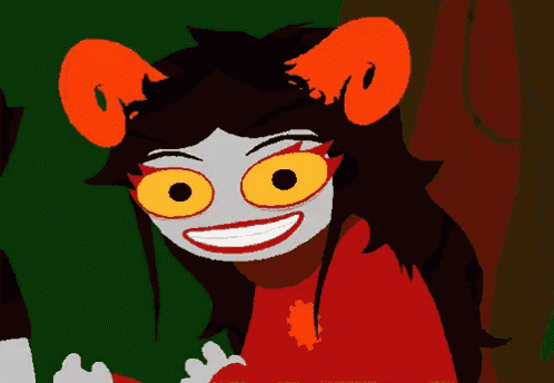 a cartoon character with orange horns and a red shirt is smiling