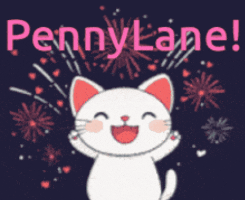 a penny lane poster with a white cat surrounded by fireworks