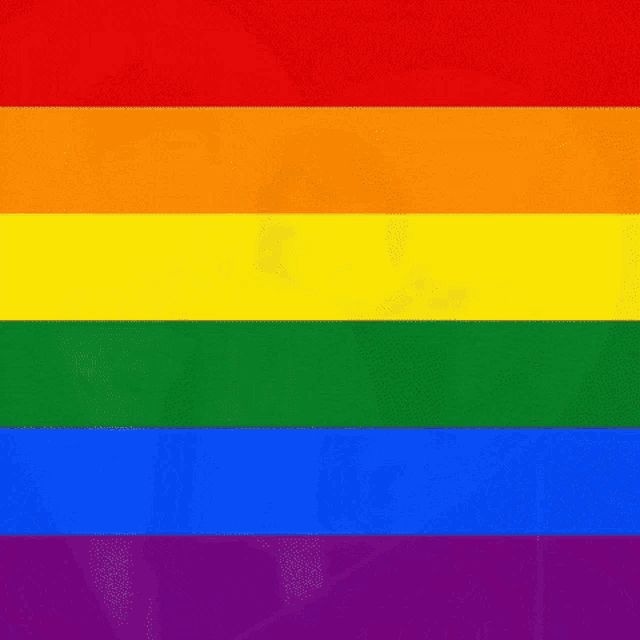 a couple of people standing next to each other with a rainbow flag behind them