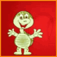 a turtle is smiling and standing on a red background .