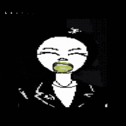a pixel art drawing of a man with a lime in his mouth .