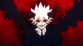 a cartoon character with a white hair and red eyes