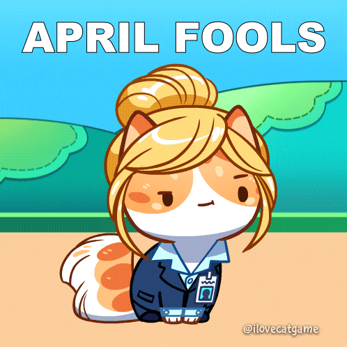 a cartoon of a cat with the words april fools on the bottom
