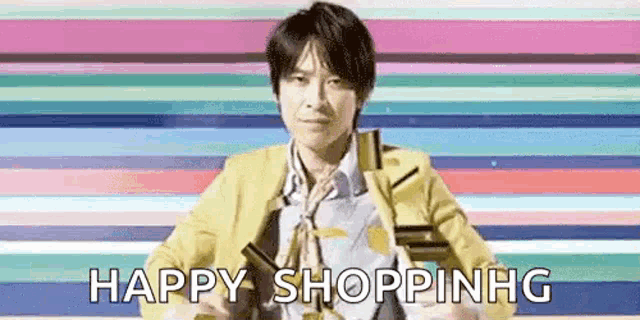 a man in a yellow jacket is sitting in front of a colorful striped background and says `` happy shopping '' .