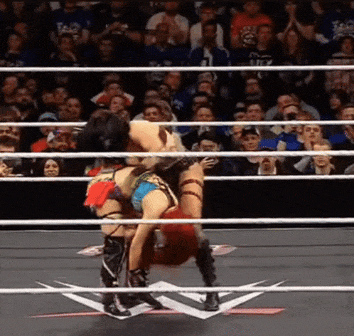 two women are wrestling in a wrestling ring with a crowd watching .