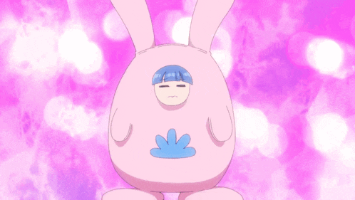 a pink cartoon character with blue hair and a blue cloud on his face