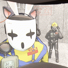 a cartoon character wearing a bunny mask has a tag that says ' nuke ' on it
