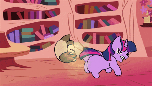 a cartoon of twilight sparkle standing in front of a bookcase