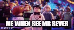 a group of lego figures are standing next to each other and the caption reads me when see mr sever .