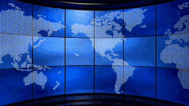 a map of the world is displayed on a blue screen