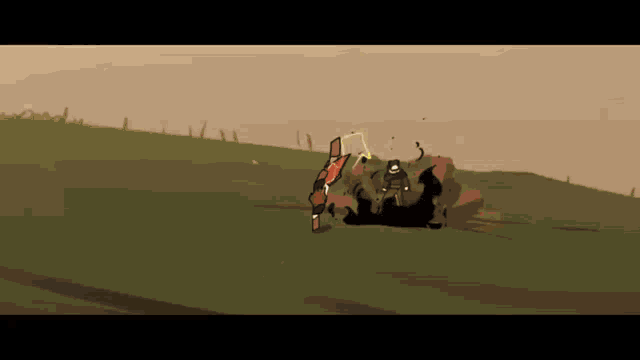 a cartoon of a man riding a horse in a field with a sword .
