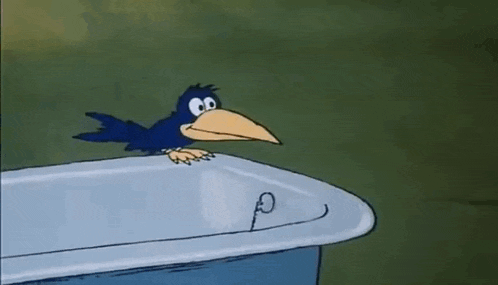 a cartoon bird with a long beak is sitting on top of a bathtub .