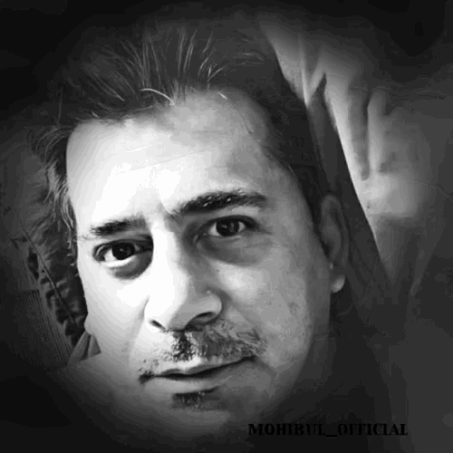 a black and white photo of a man with the name mohibul official on the bottom