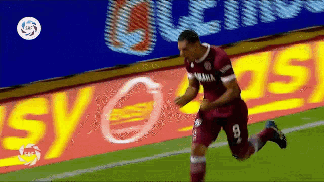 a soccer player wearing a number 9 jersey is running on the field