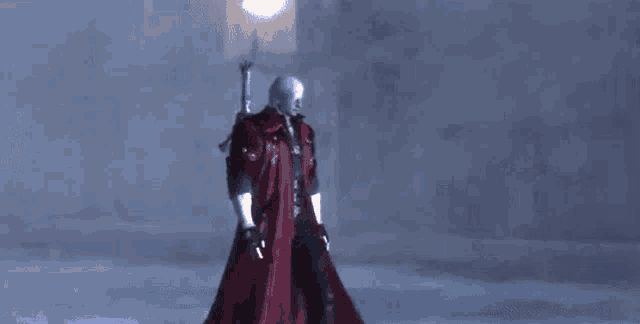 dante from devil may cry is holding a gun in his hand and walking in a dark room .