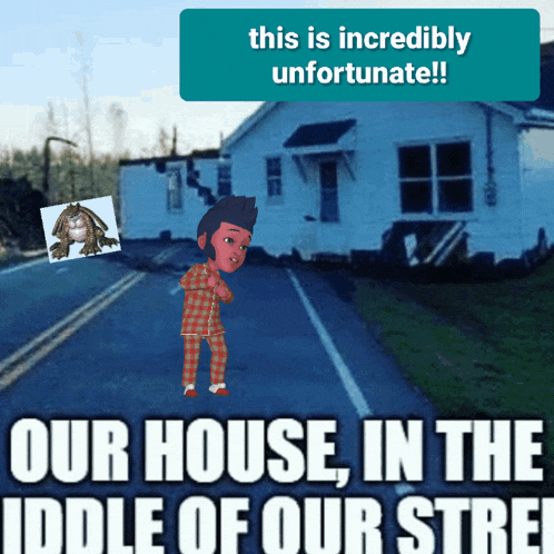 a picture of a boy standing in front of a house that has been destroyed