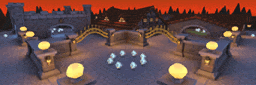 a video game scene with a bridge and a castle