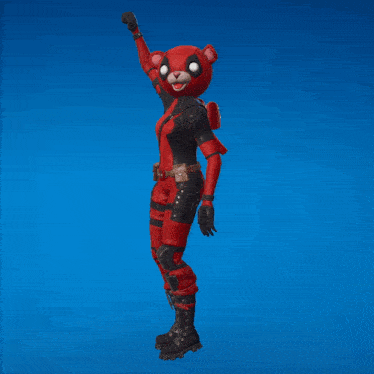 a red and black cartoon character with a teddy bear head on a blue background