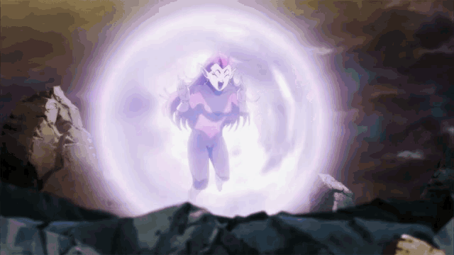 a cartoon character is surrounded by a purple light .