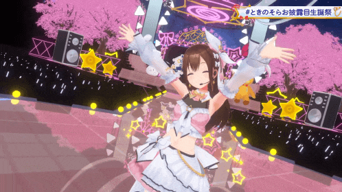 a girl in a pink and white dress is dancing on a stage with a sign that says # on it