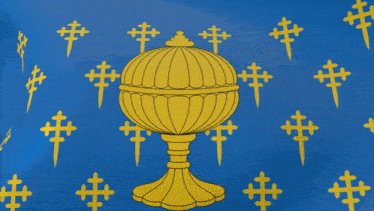 a blue background with yellow crosses and a gold object on it