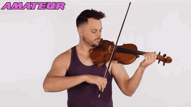 a man in a purple tank top is playing a violin with amateur written on the bottom right