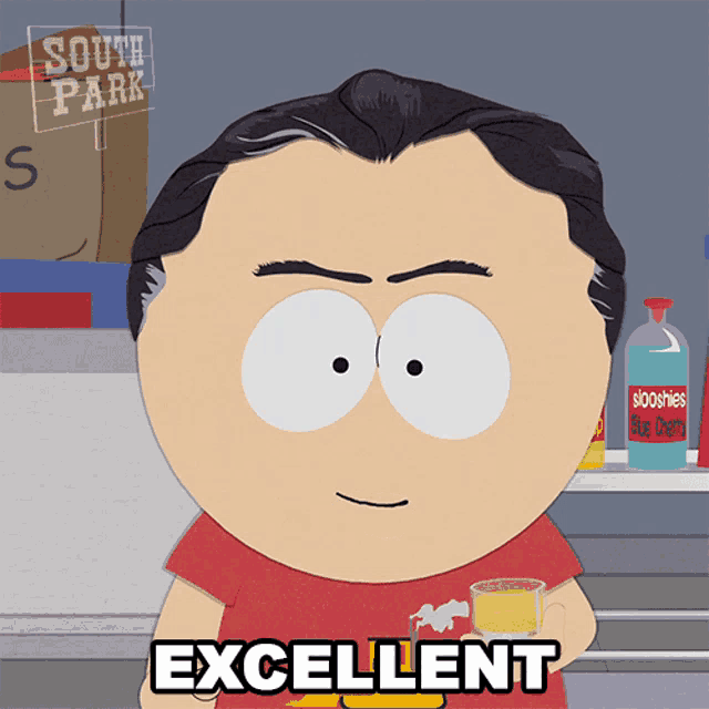 a cartoon character from south park is holding a cup of orange juice