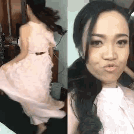 a woman in a pink dress is making a funny face .