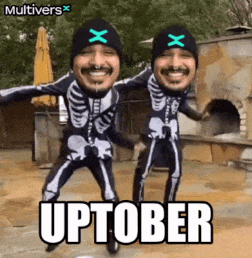 two men in skeleton costumes are dancing in front of a fireplace with the words uptober written on the bottom