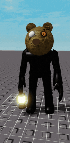 a brown teddy bear holding a lantern on a grid floor