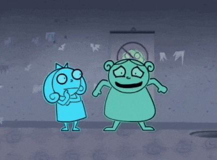 two cartoon characters are standing next to each other in front of a door .