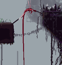 a pixel art of a castle with candles and a red sword