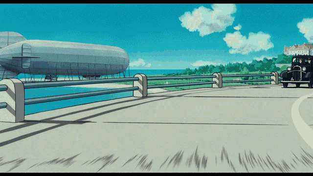 a cartoon drawing of a car driving down a road with a blimp in the background