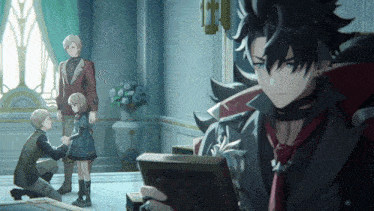 a group of anime characters are gathered in a room with a man holding a book