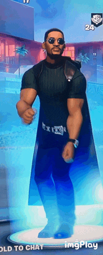 a man in a black shirt and sunglasses is standing in front of a sign that says imgplay