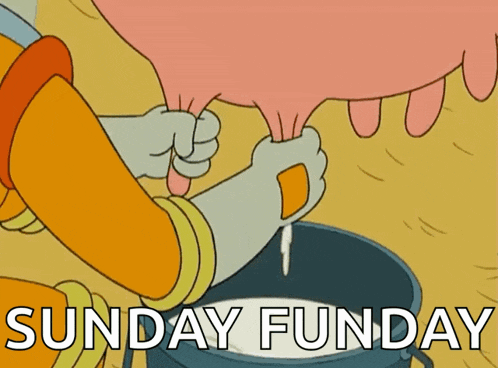 a cartoon of a person milking a cow with the words sunday funday above it