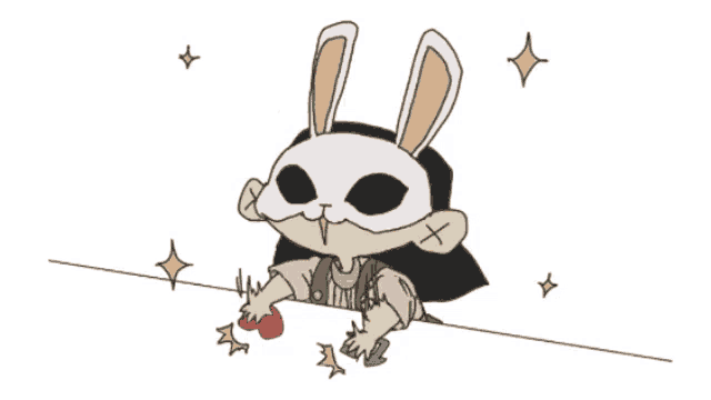 a drawing of a person wearing a bunny mask holding a red object