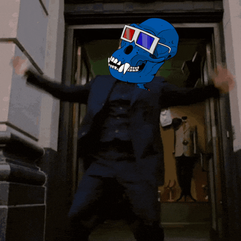 a man wearing a blue skull and 3d glasses